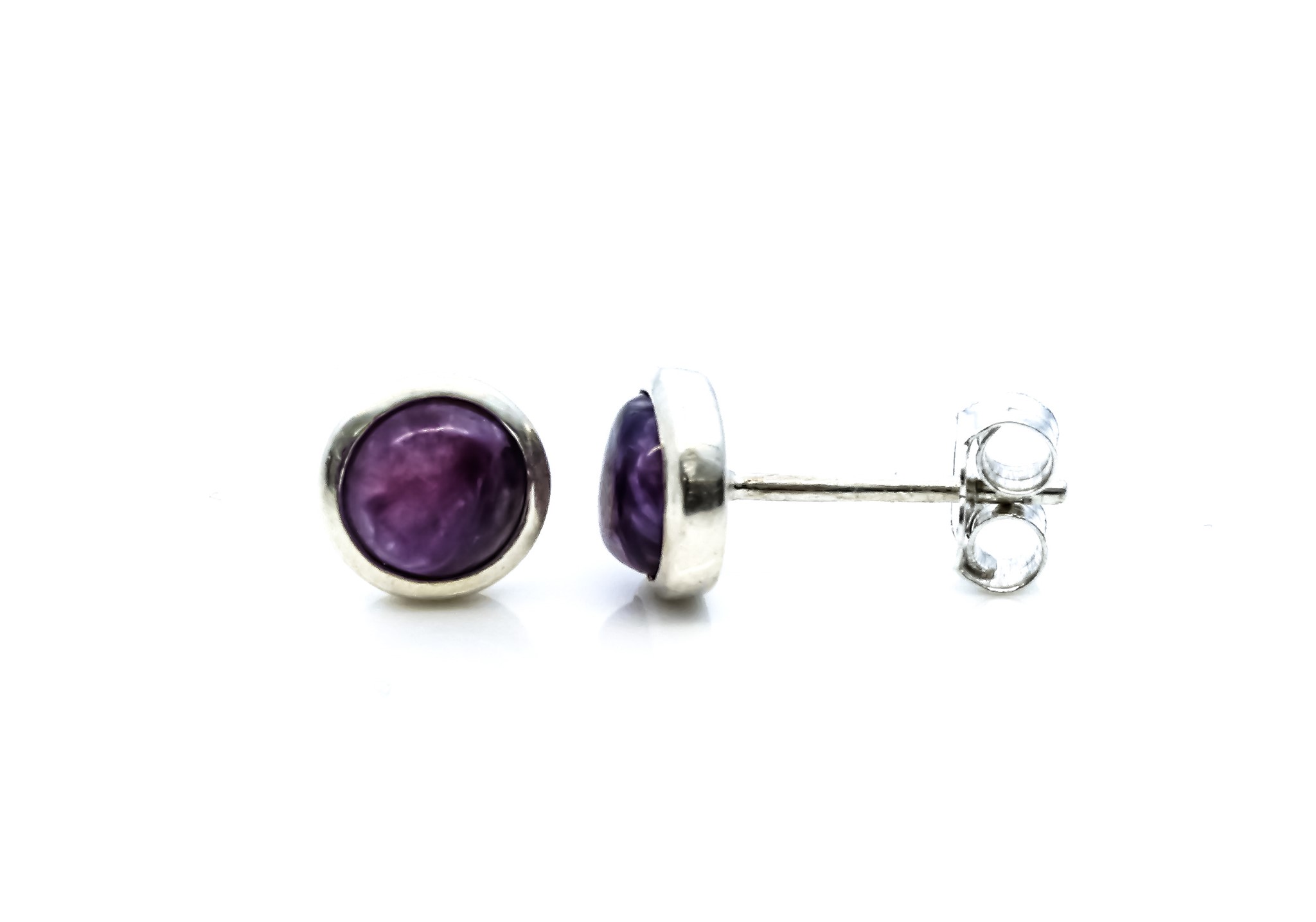 Charoit Cabochon 7.5mm in Silber gefasst Ohrstecker, Silber 925