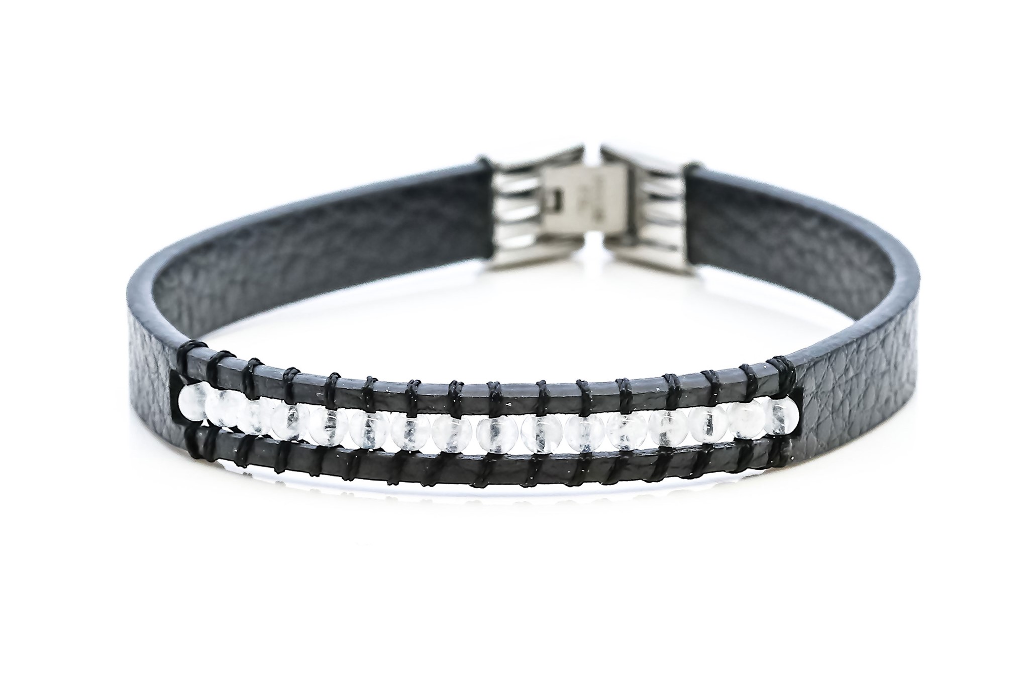 Image de Leder Armband mit Mondstein weiss Kugeln 3mm, 20cm Edelstahl  