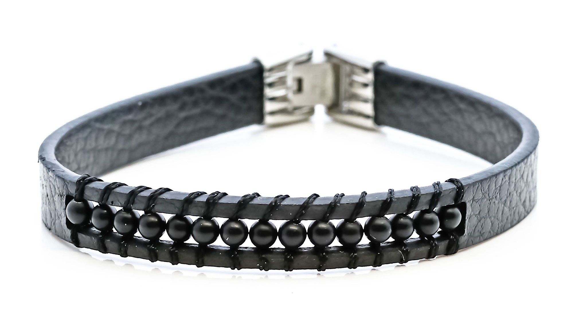 Bild von Leder Armband mit Onyx Kugeln 3mm, 20cm Edelstahl