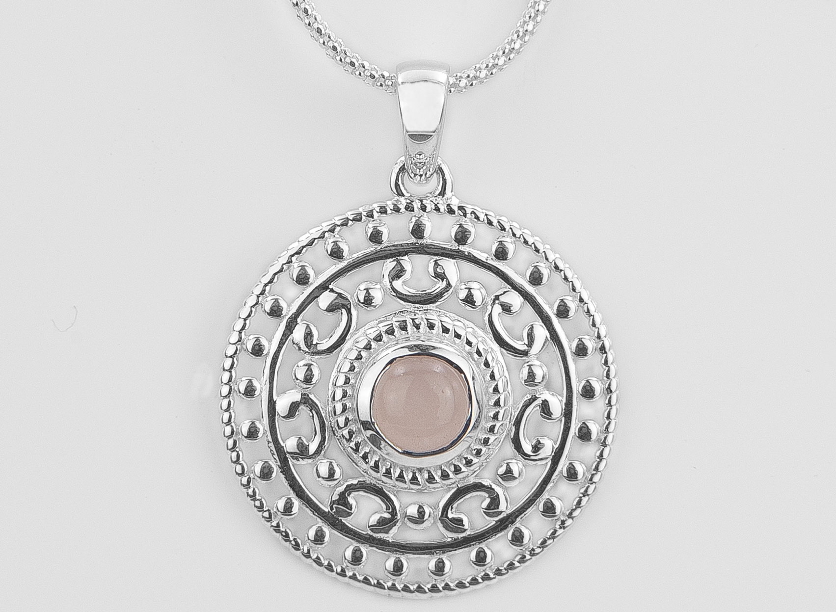 Bild von Rosenquarz 25mm zisiliert mit Cabochon Anhänger, Silber 925