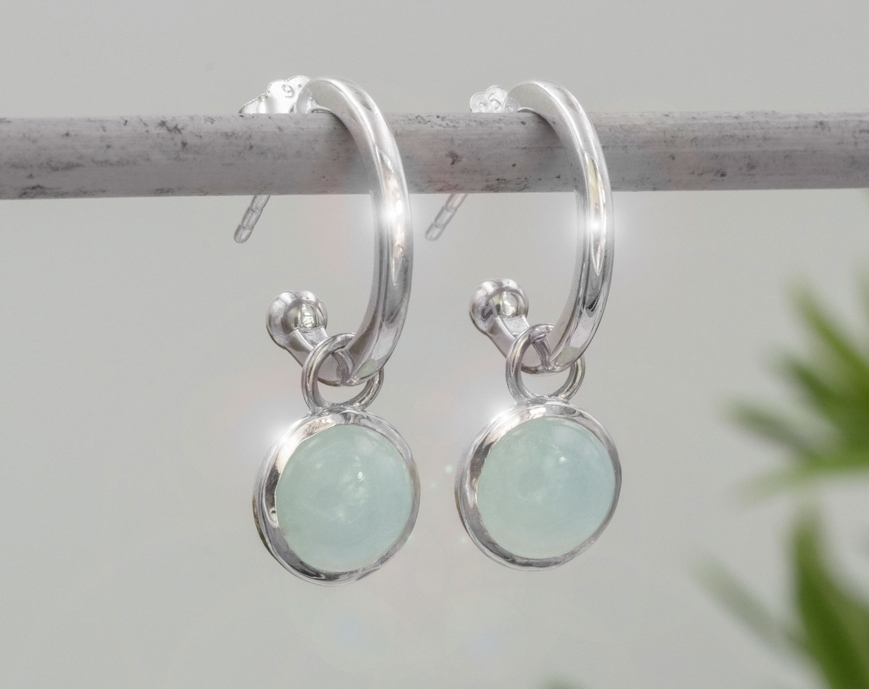 Aquamarin Cabochon Rund 9mm & Silber 925 Creolen, Silber 925
