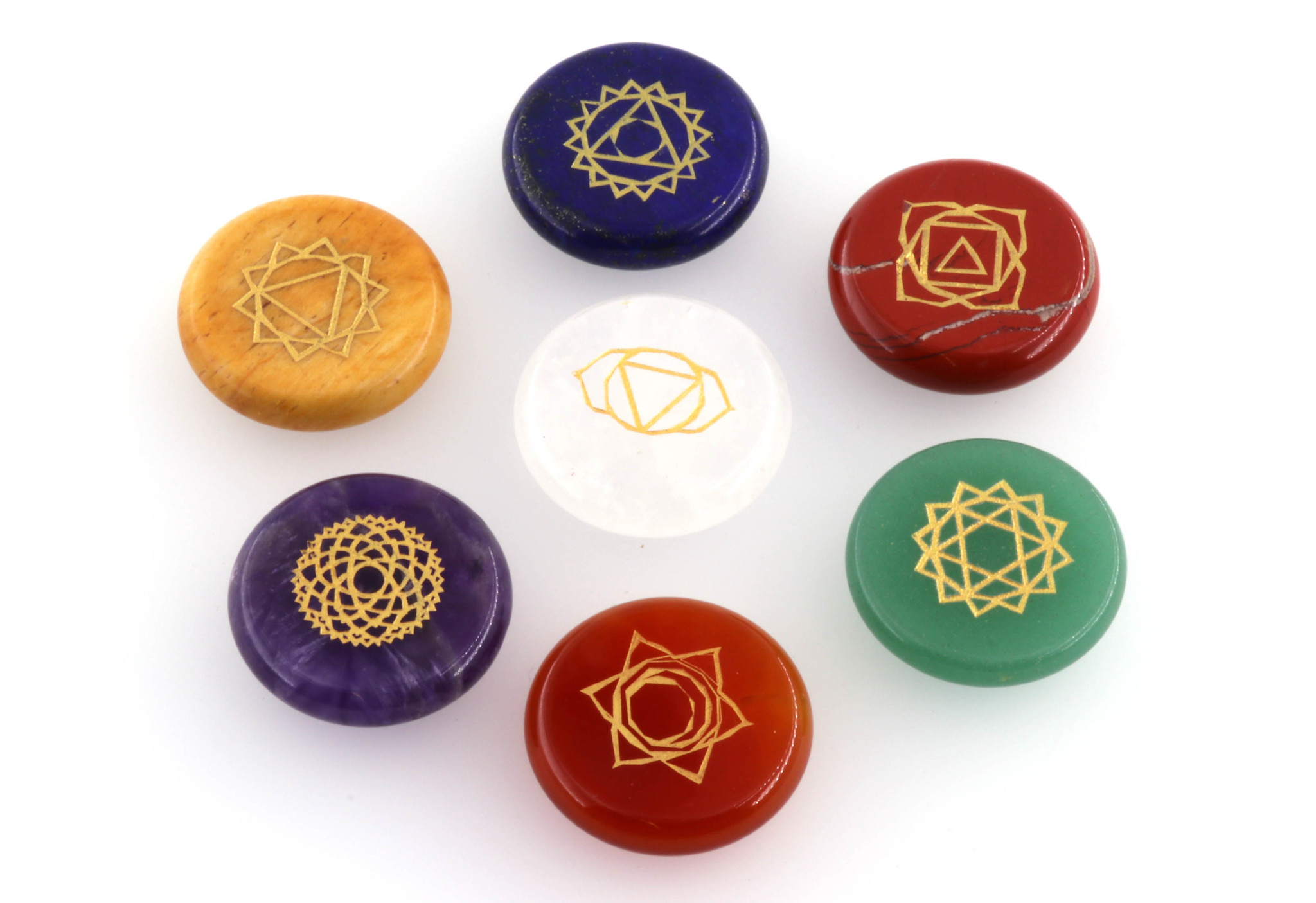 Bild von Chakra Set Disc 30mm mit Gravur goldfarben