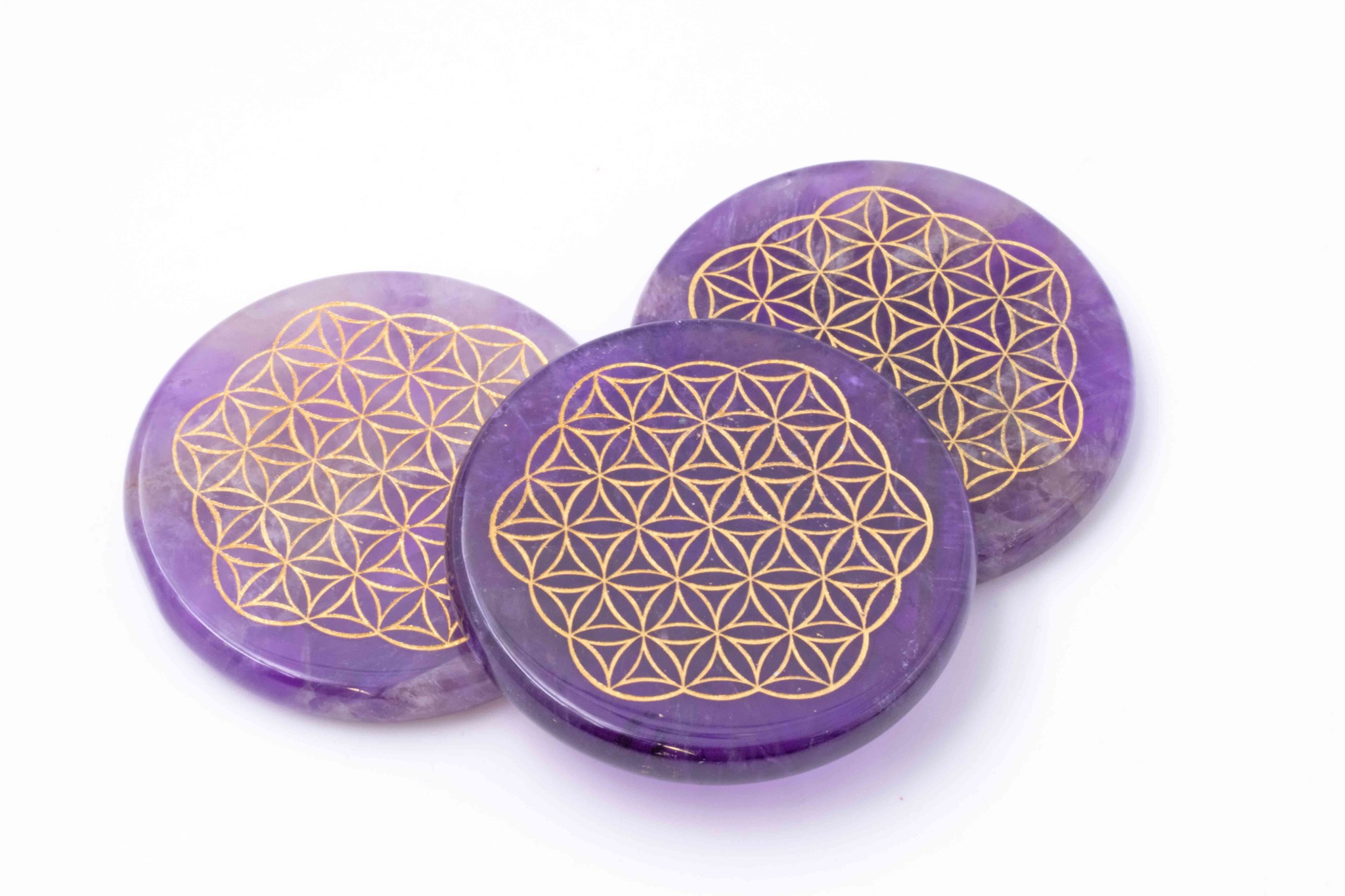 Immagine di Amethyst Disc 50x6mm "Blume des Lebens" mit Gravur goldfarben