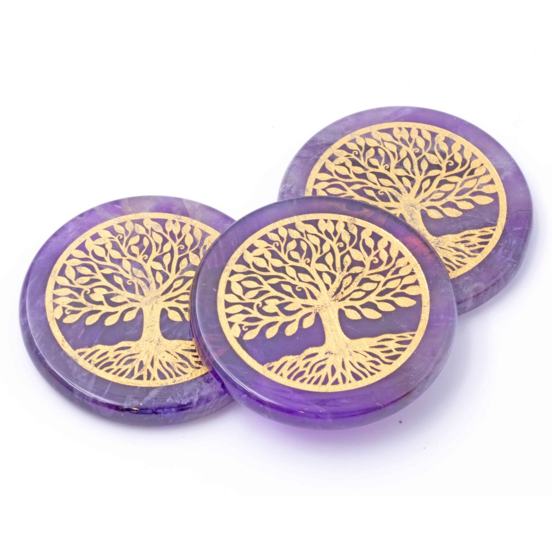 Immagine di Amethyst Disc 50x6mm "Lebensbaum" mit Gravur goldfarben