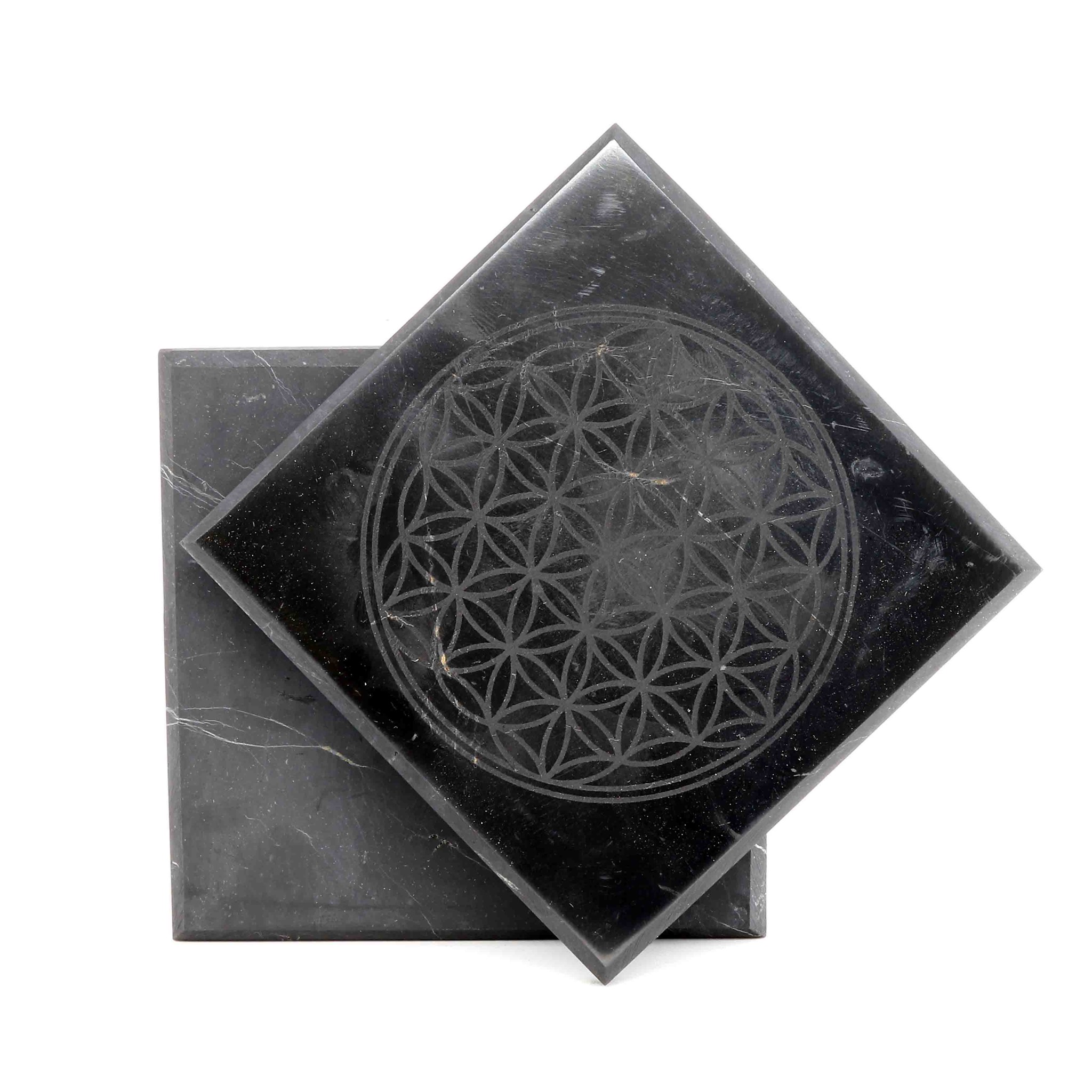 Image de Schungit quadratische Platte 10cm "Blume des Lebens"
