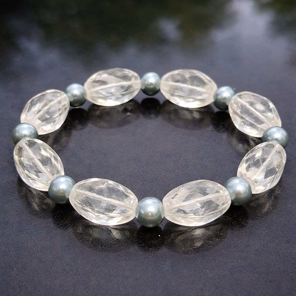 Cristal de roche à facettes vague &amp; perle bracelet environ 6-15mm