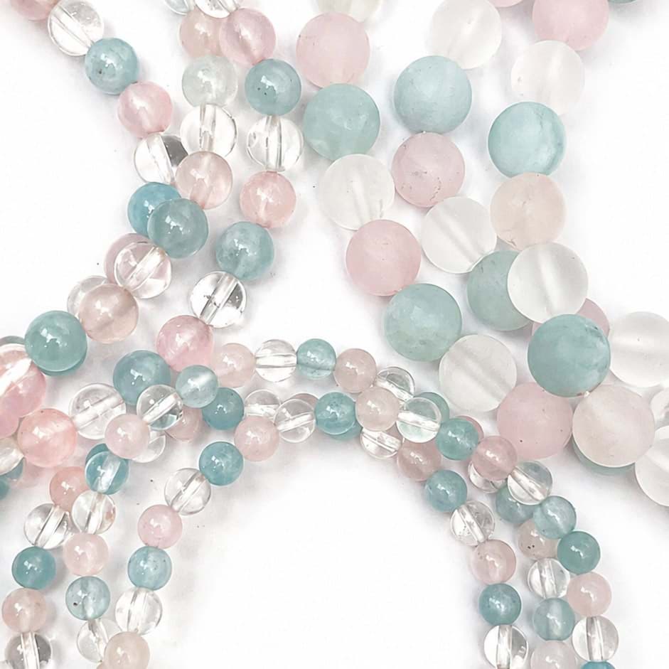 Aquamarin, Bergkristall & Rosenquarz Kugeln Armbänder, Familien-Set