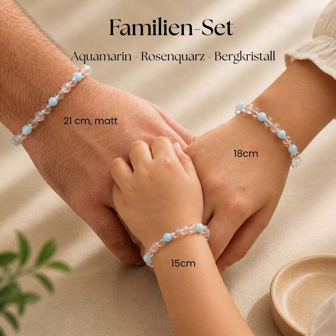 Aquamarin, Bergkristall & Rosenquarz Kugeln Armbänder, Familien-Set