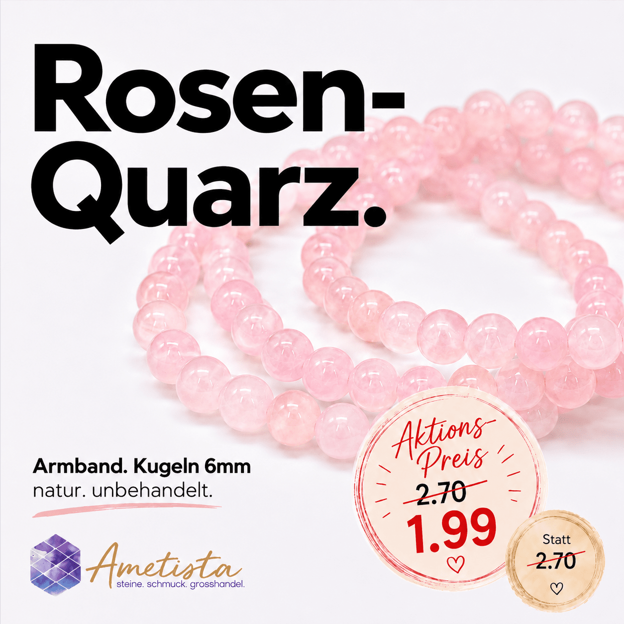 Rosenquarz Kugeln  6mm Armband A (natur, Madagaskar)