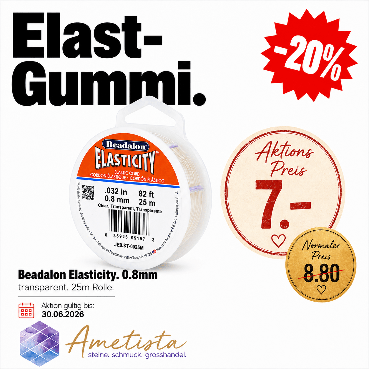 Beadalon Elast-Gummi  0.8mm, auf  25m Rolle