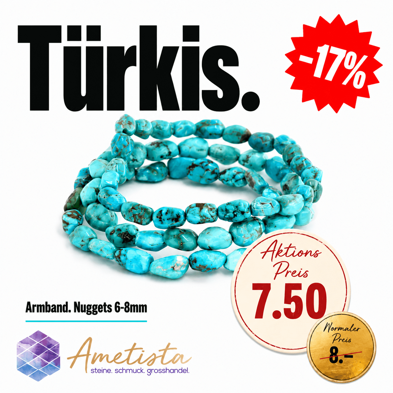 Türkis Nuggets  6-8mm Armband