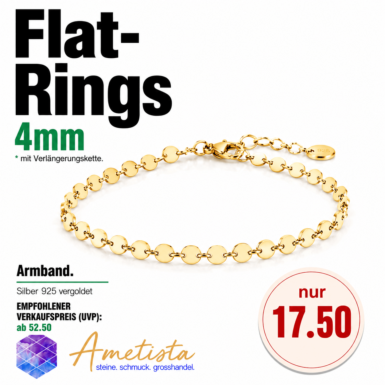 "Flat-Rings 4mm". Armband. Silber 925-Vergoldet 