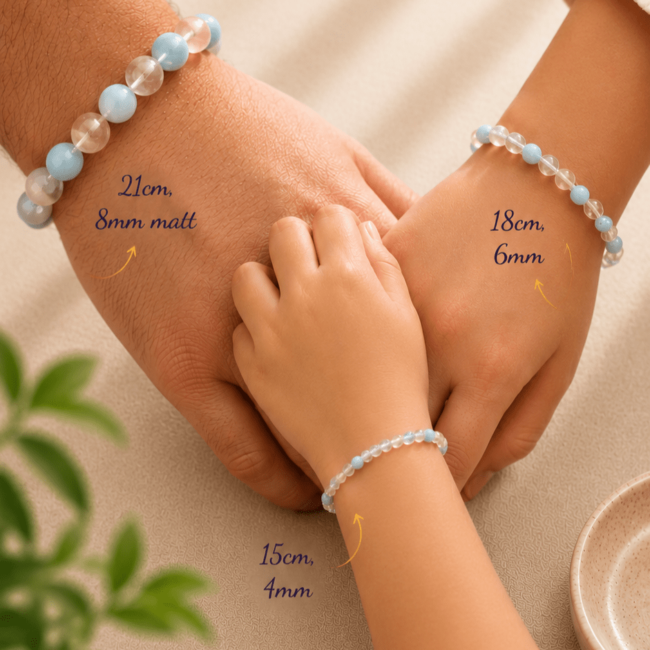 Aquamarin, Bergkristall & Rosenquarz Kugeln Armbänder, Familien-Set