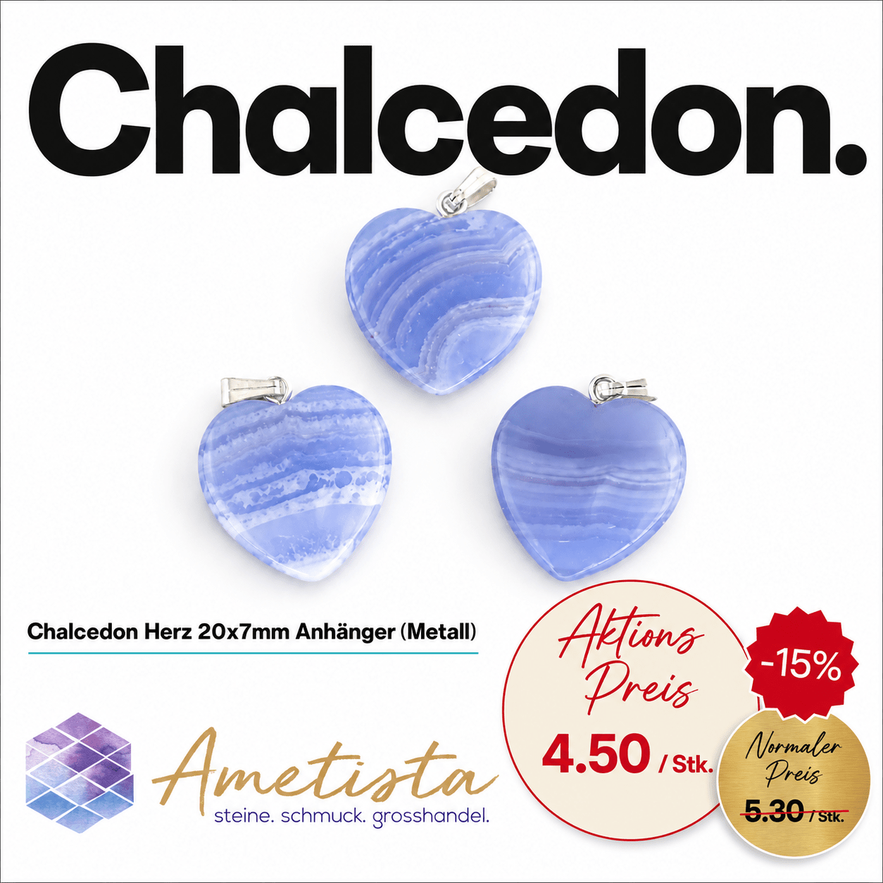 Chalcedon Herz 20x7mm Anhänger (Metall)