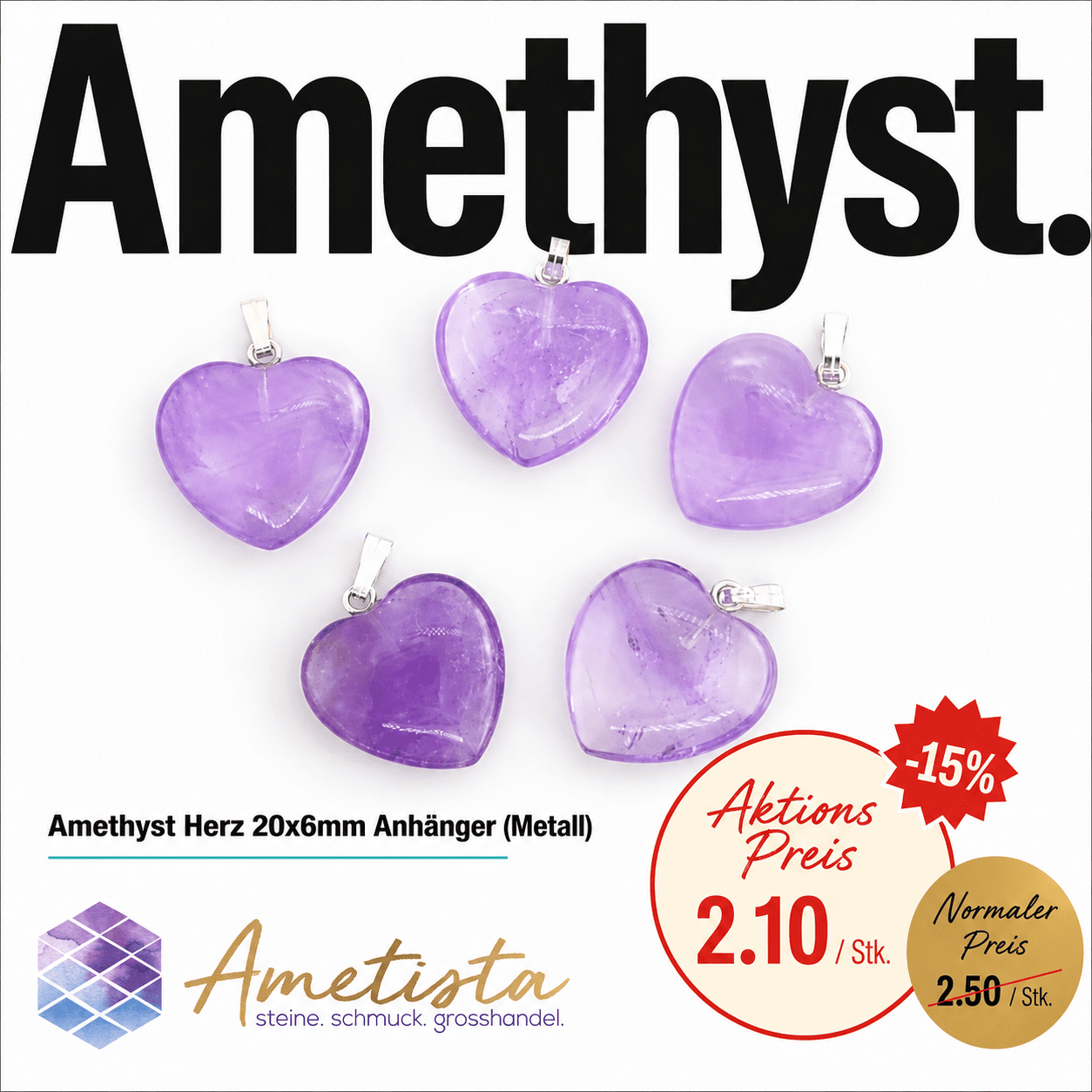 Amethyst Herz 20x6mm Anhänger (Metall) 