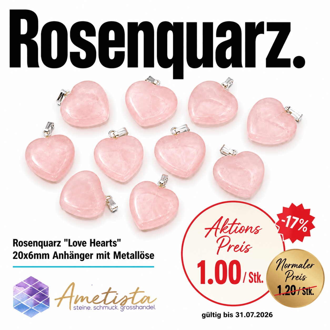 Rosenquarz "Love Hearts" 20x6mm Anhänger mit Metallöse