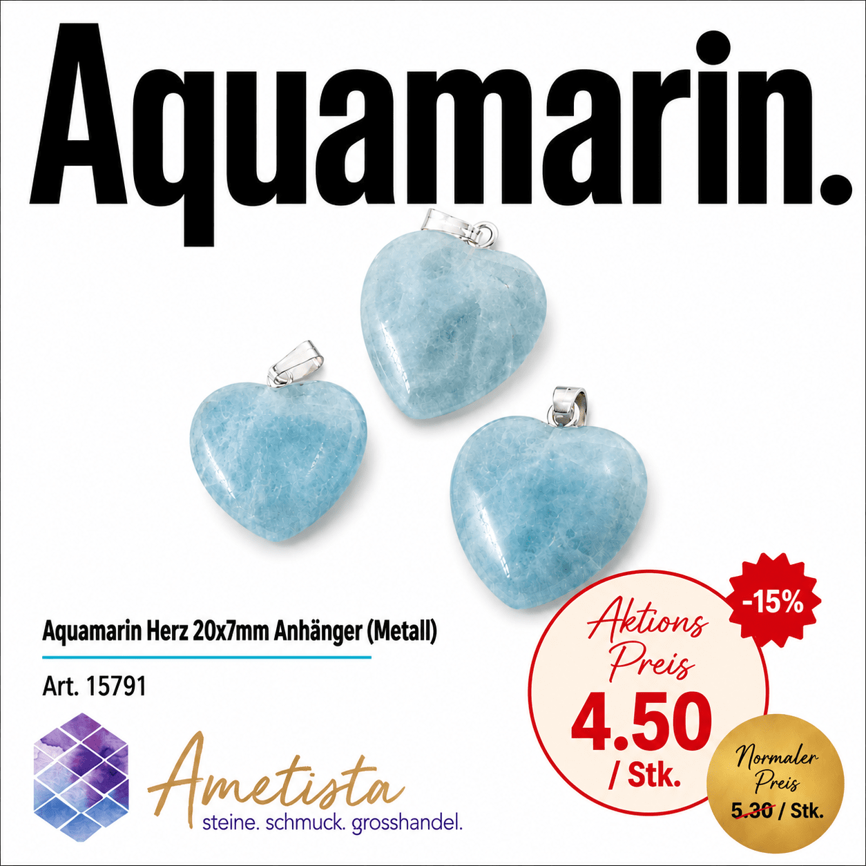 Aquamarin Herz 20x7mm Anhänger (Metall)