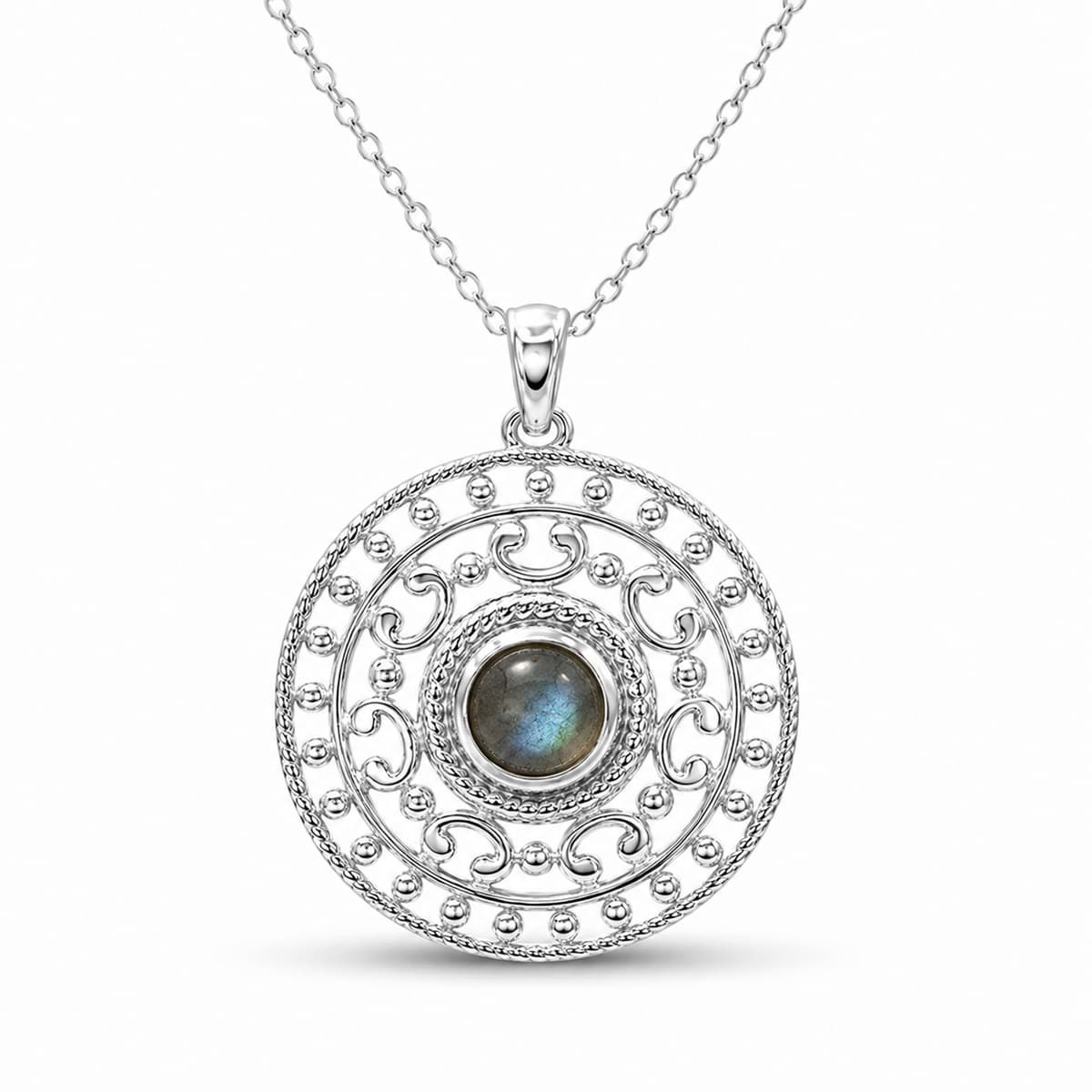 Labradorite 25mm ciselée avec pendentif cabochon, argent 925
