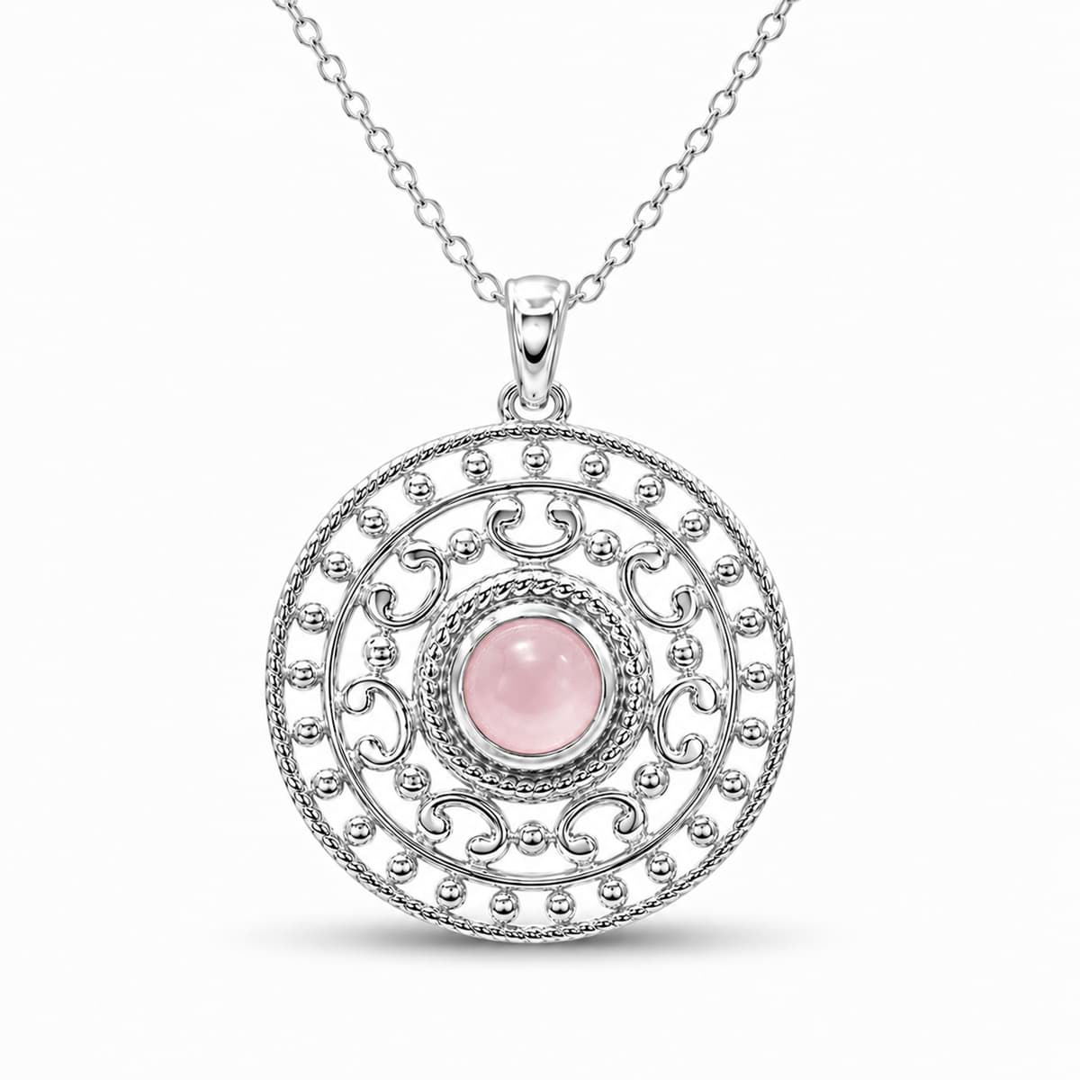 Rosenquarz 25mm zisiliert mit Cabochon Anhänger, Silber 925