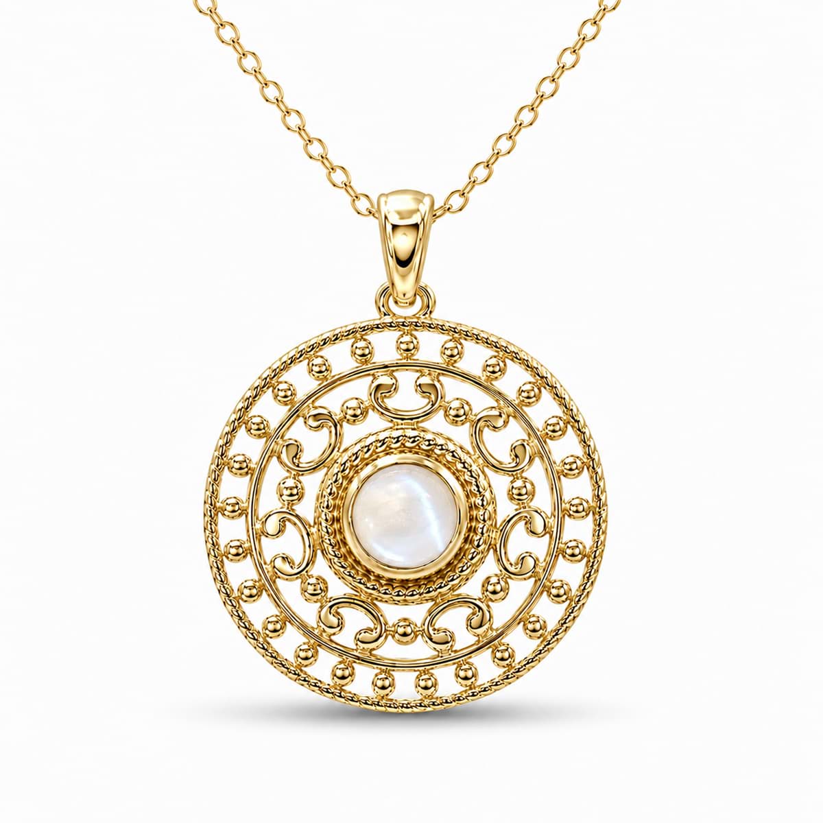 Mondstein weiss 25mm zisiliert mit Cabochon Anhänger, Silber vergoldet