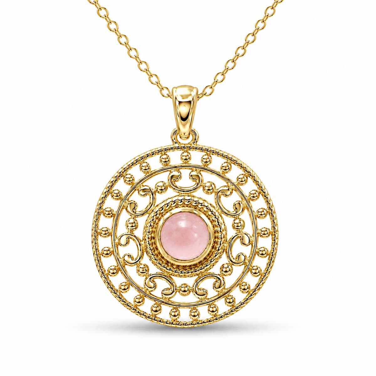 Quartz rose 25mm ciselé avec pendentif cabochon, argent doré