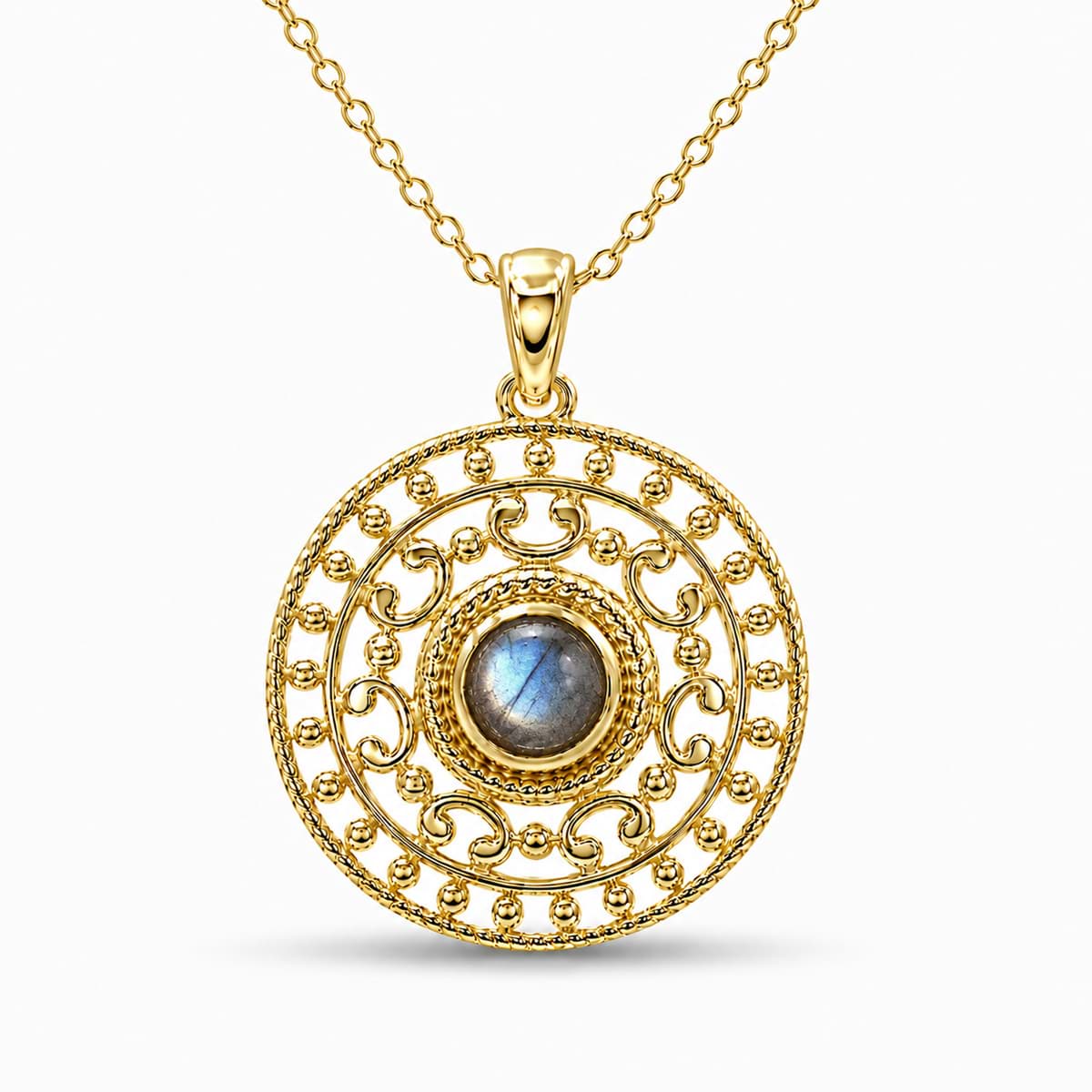 Labradorit 25mm zisiliert mit Cabochon Anhänger, Silber vergoldet