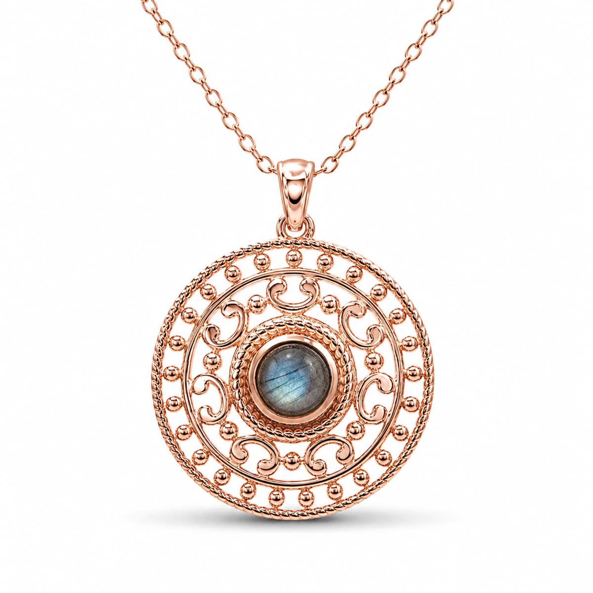 Labradorite 25 mm cisilata con pendente cabochon, argento placcato oro rosa