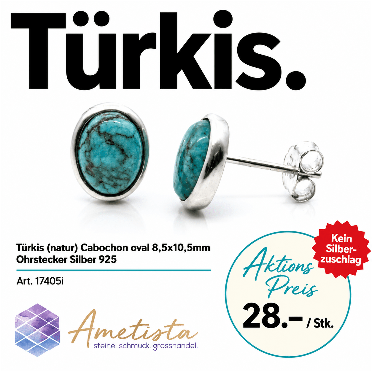 "Cabochon oval". Türkis (natur). Ohrstecker. Silber 925