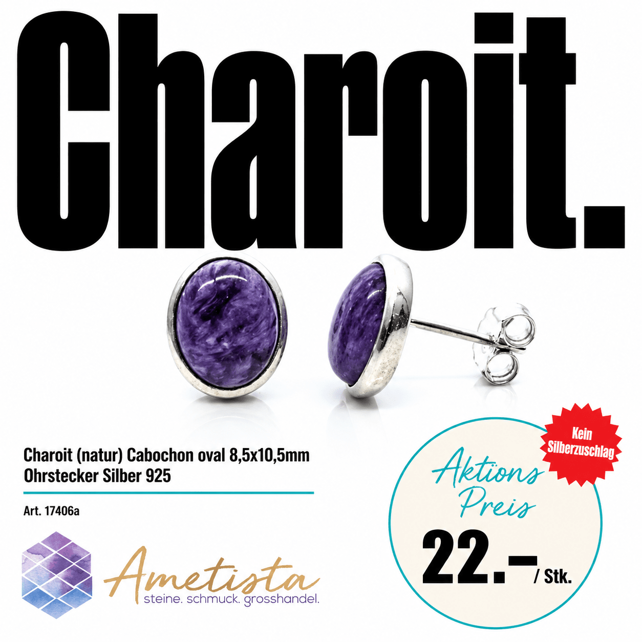"Cabochon oval". Charoit. Ohrstecker. Silber 925