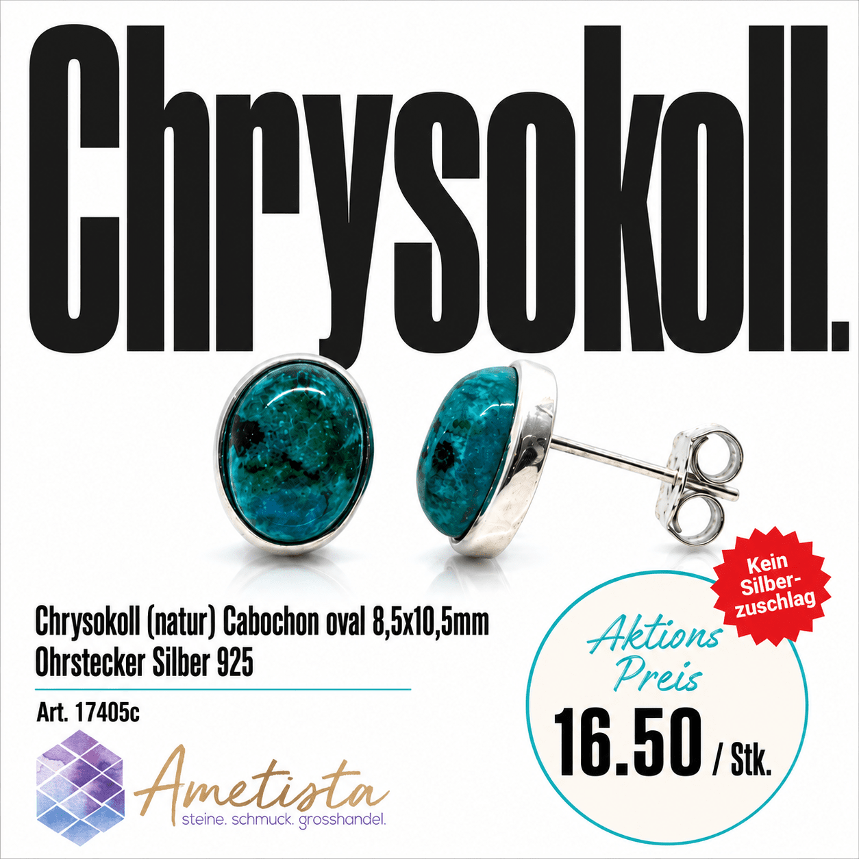 "Cabochon oval". Chrysokoll. Ohrstecker. Silber 925  