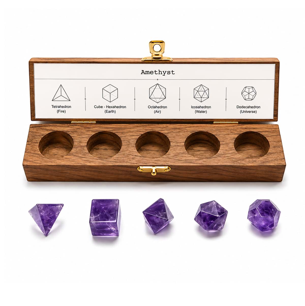 Amethyst Platonische Formen in Holzbox 