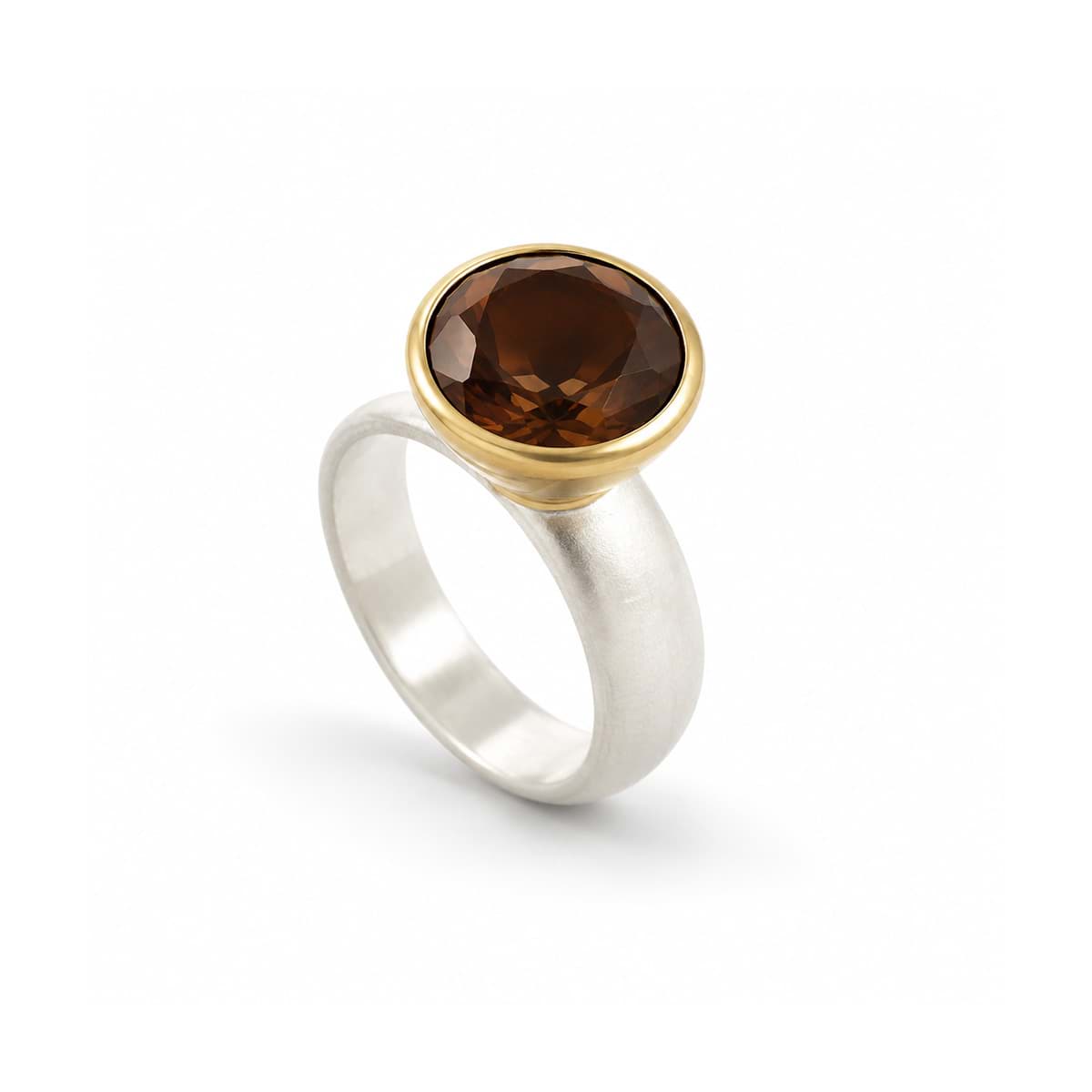 Bague en Quartz fume facettée "Cup" bi-colore, argent 925