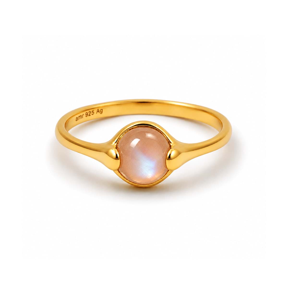 Mondstein 'World in your Hands' Cab. 7mm Ring, Silber 925 vergoldet (peach)