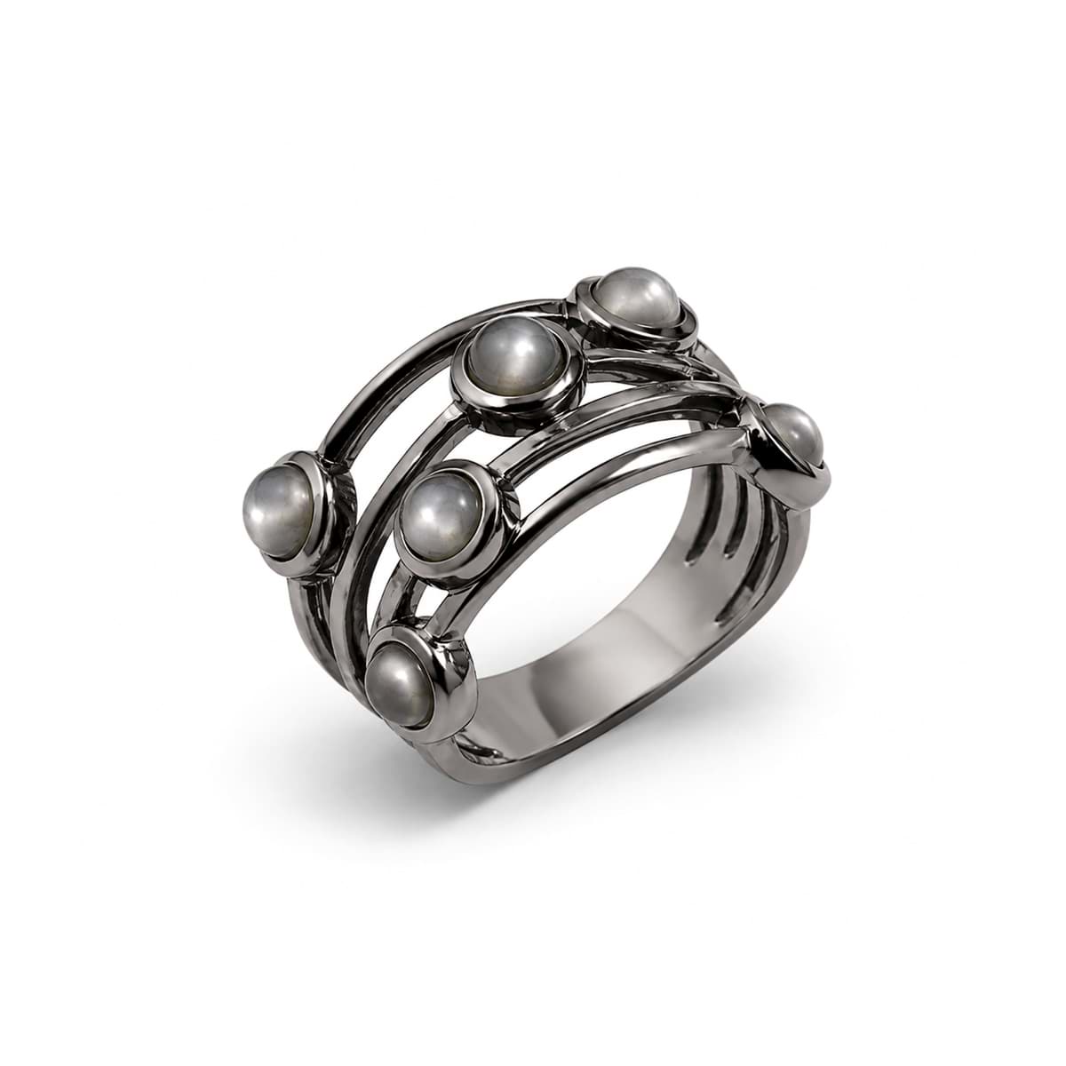 Mondstein grau mit 6x Cab. Ring, Silber 925 rhodiniert