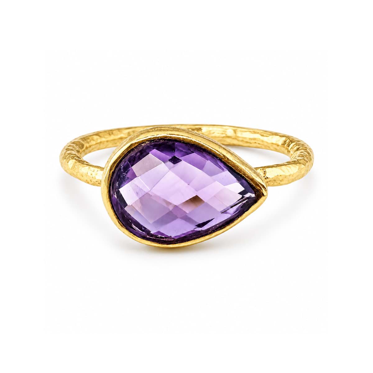 Amethyst fac. Tropfen 9x12mm Ring, gehämmert, Silber 925 vergoldet