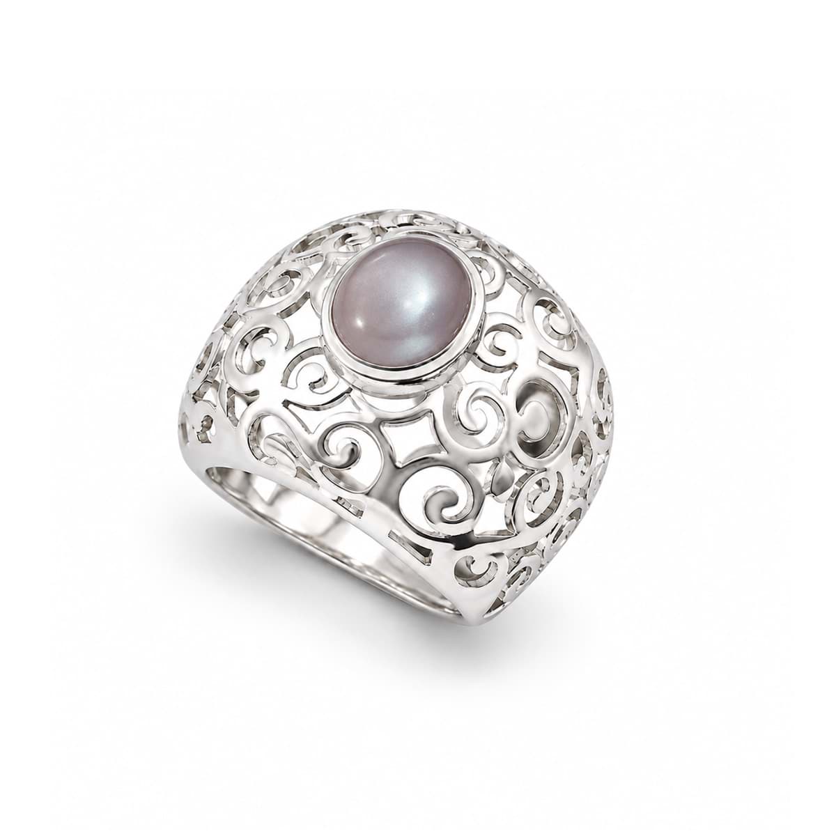 Pierre de lune grise cabochon 10x12mm bague ciselée, argent 925
