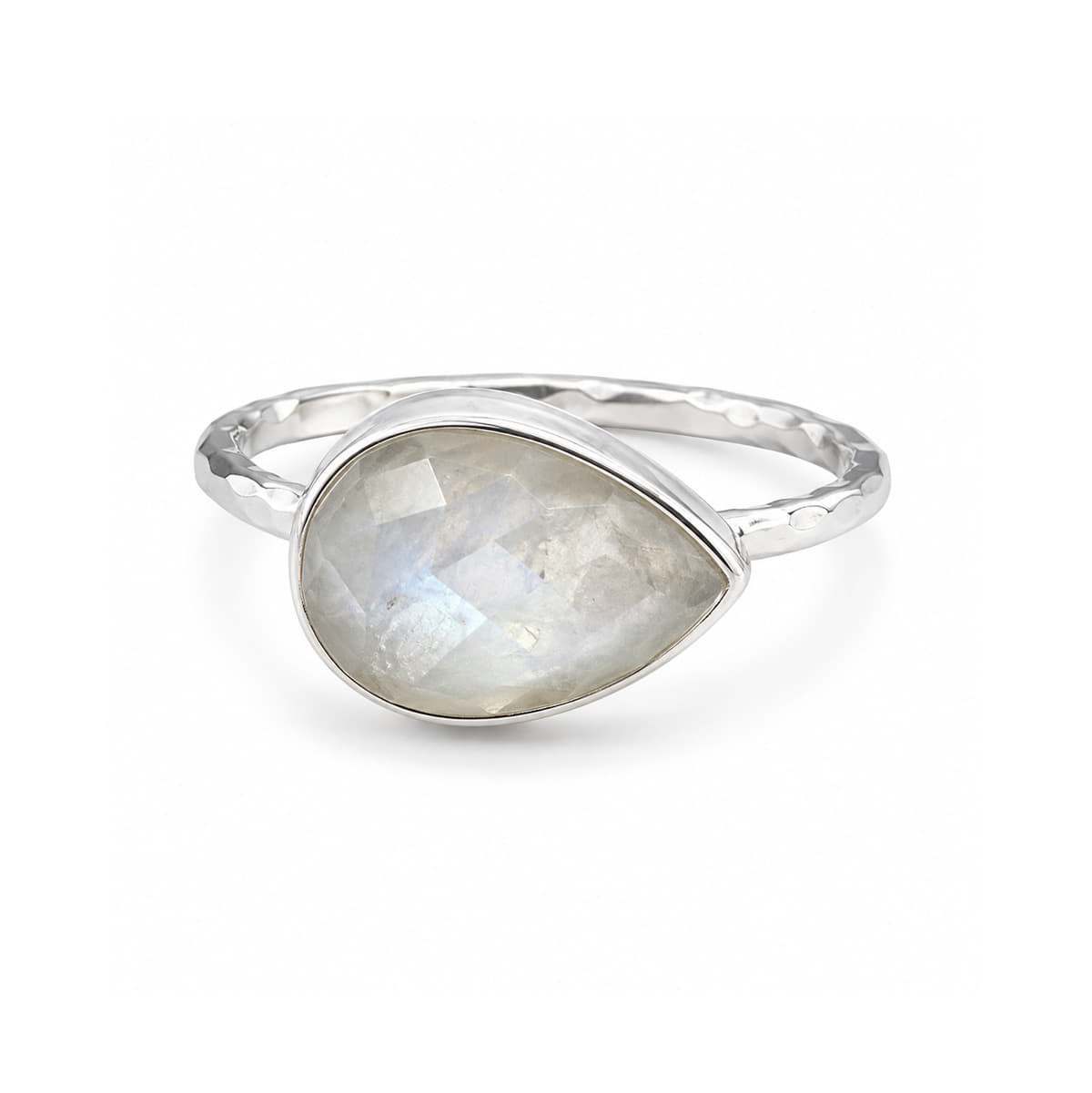 Mondstein weiss/grau fac. Tropfen 9x12mm Ring, gehämmert, Silber 925