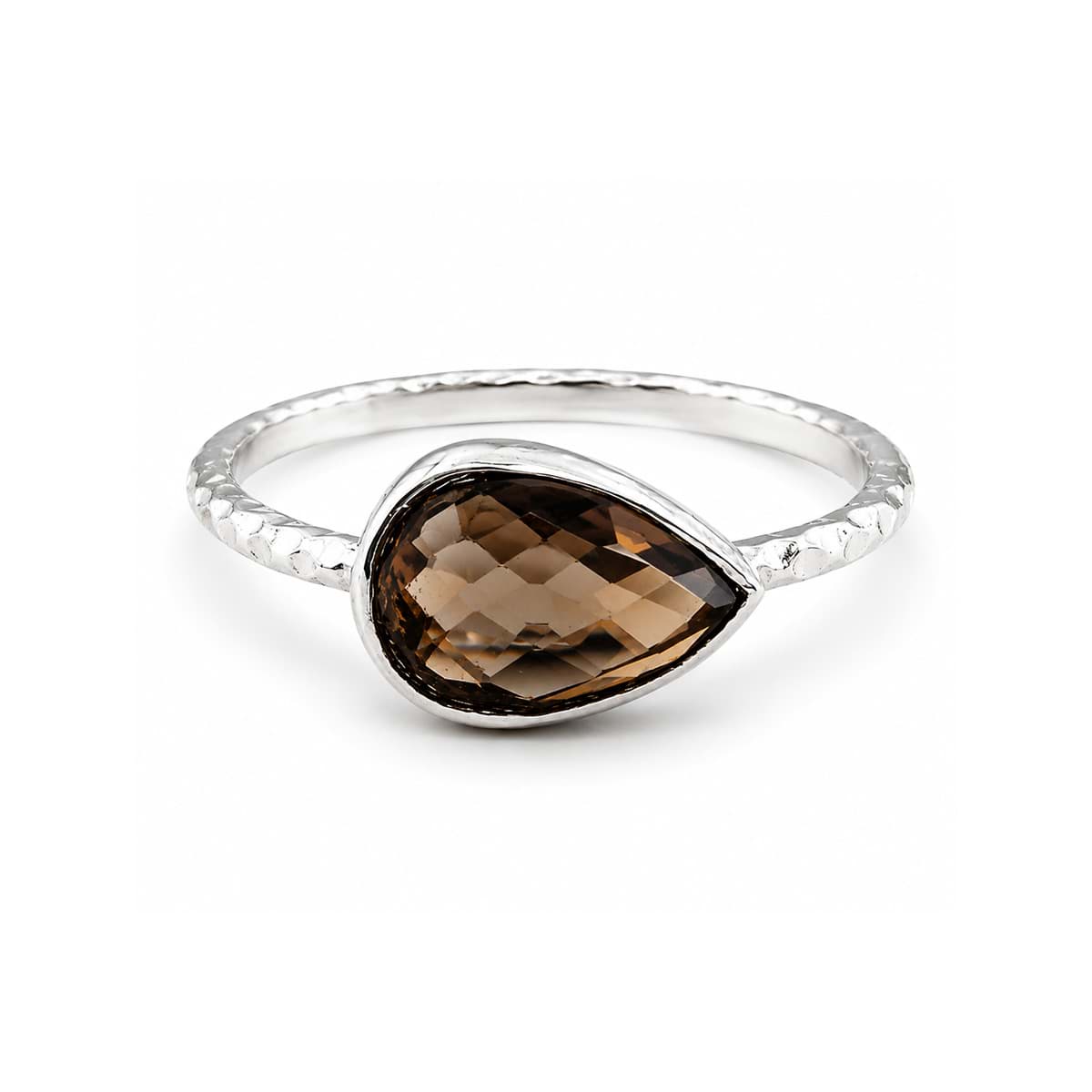 Rauchquarz fac. Tropfen 9x12mm Ring, gehämmert, Silber 925