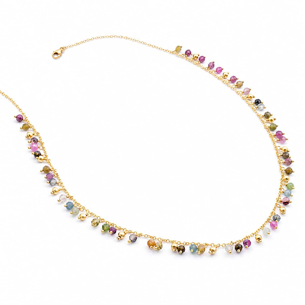 Collier de tourmaline multicolore "Amina-Dorée" avec pierres facettées de 3mm. 40cm plus 5cm de chaîne d'extension. Argent 925 plaqué or