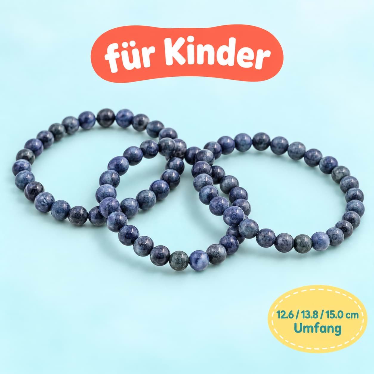 Set di bracciali per bambini in perline tonde di Sodalite (3x 12,6, 13,8 e 15,0 cm ciascuno)