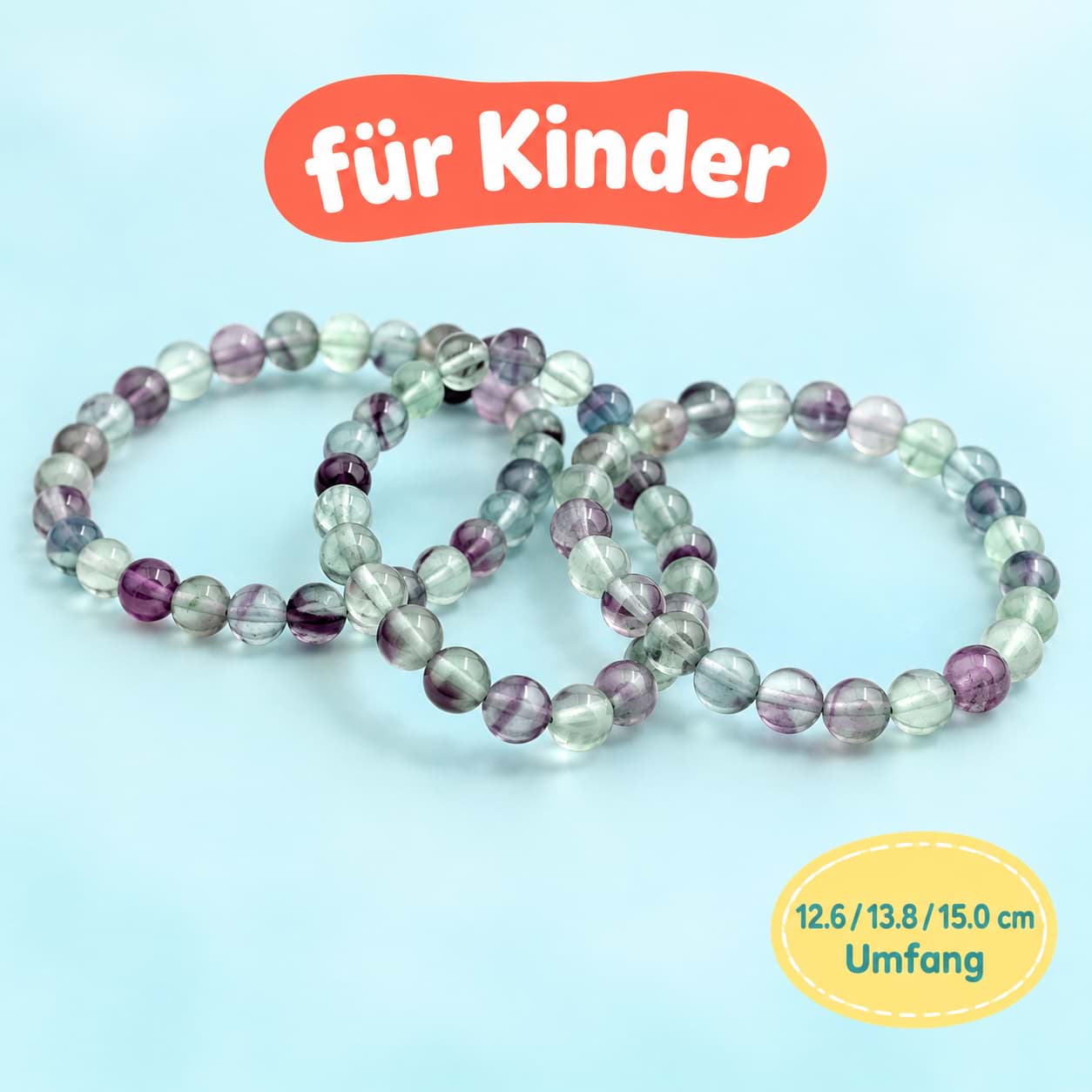 Set di bracciali per bambini con perline di Fluorite (3x 12,6, 13,8 e 15,0 cm ciascuno)