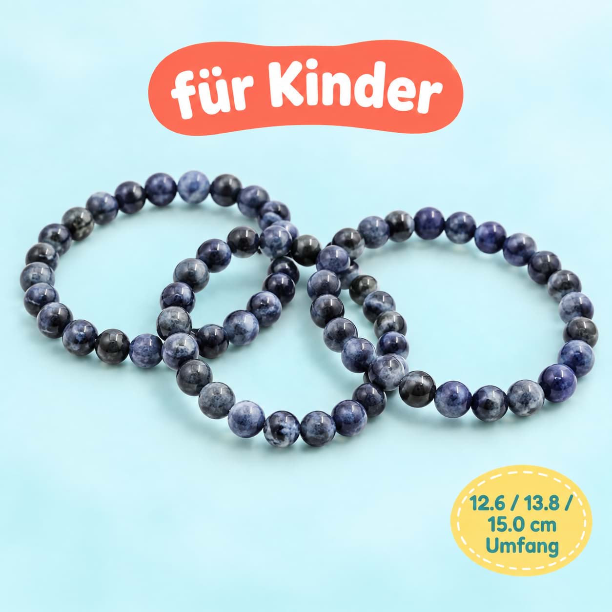 Set di braccialetti per bambini con perline di dumortierite (3x 12,6, 13,8 e 15,0 cm ciascuno)