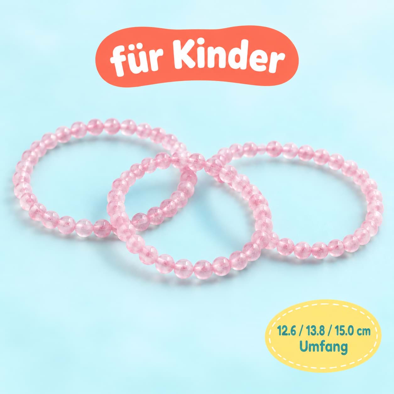 Set di bracciali per bambini in quarzo rosa (3x 12,6, 13,8 e 15,0 cm ciascuno)