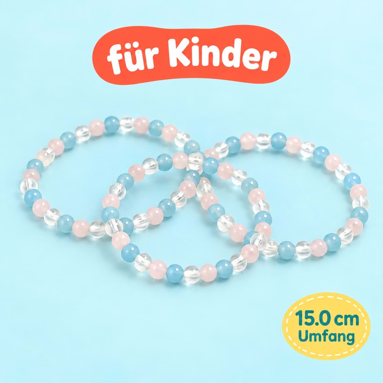 Bracciale per bambini con perline tonde di Acquamarina, cristallo di rocca e quarzo rosa da 4 mm (15,0 cm)