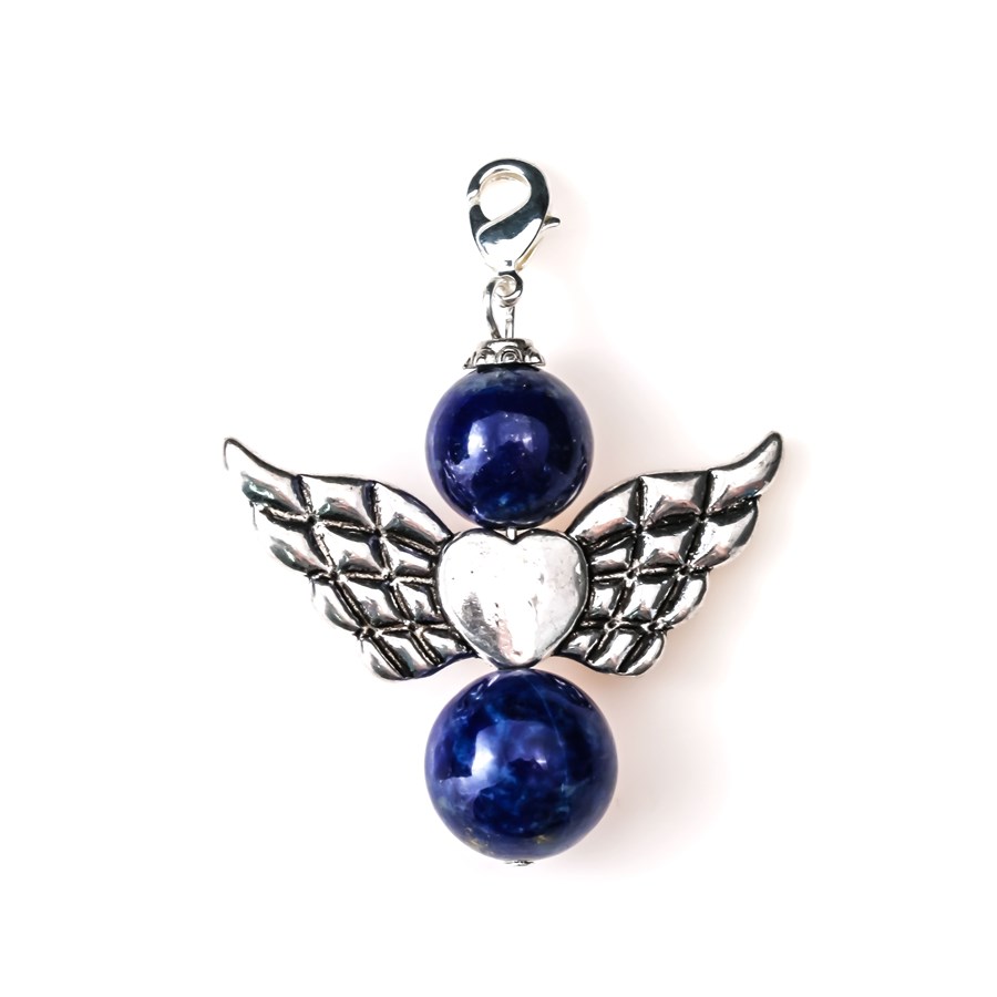 Bild von Charm Anhänger Lapis Engel gross mit Metallflügel, 12 & 14mm Kugeln